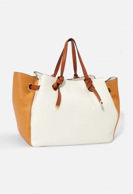 L. Knotted Handle Colorblock Tote - White/Tan