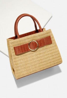 L. Raffia Circle Hardwear Satchel - Cognac Multi